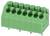 Egy zöld, hat pozíciós, szögben elhelyezett nyomtatott áramköri csatlakozóblokk elektromos kapcsolatokhoz szükséges tüskékkel.