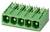 Egy zöld csatlakozó termináblokk öt résszel, melyekben fém tüskék találhatók az elektromos csatlakozásokhoz.