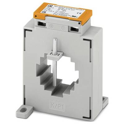 Szürke és narancssárga elektromos transzformátor címkézett bemeneti pontokkal, alapzatra szerelve.