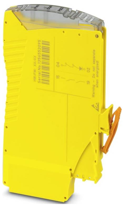 Egy fényes sárga ipari eszköz fogazott felső szélével és egy narancssárga csipesszel az oldalán, amely egy technikai részleteket tartalmazó címkét visel.