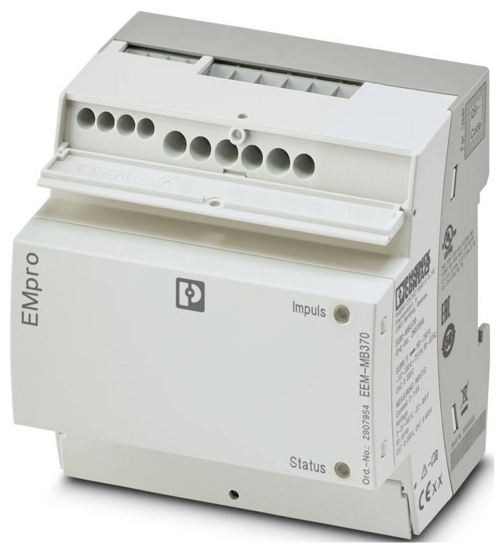 "EMpro" elektromágneses mérőeszköz fehér házazattal, több csatlakozási porttal és "Impuls" valamint "Status" felirattal.