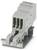Egy szürke háromillamat-sorkapcsos blokk fémből készült DIN sínre szerelve, elektromos csatlakozásokhoz és telepítésekhez használt.