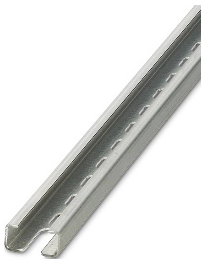 Egy fémsín U-alakú csatornával és egyenletesen elosztott furatokkal, amelyet berendezések rögzítésére vagy támogatására használnak, egyszerű háttéren megjelenítve.