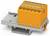 Narancssárga elektromos kapocs-blokk több csatlakozási ponttal és szürke rögzítési alapzattal. Alkalmas elektronika vagy elektromos vezetékrendszerek használatára.
