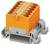 Narancssárga és szürke elektromos csatlakozó több porttal, sínen történő felszerelésre tervezve. Alkalmas vezetékek és elektronikai projektekhez.