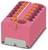 Egy rózsaszín elektromos csatlakozótömb több csatlakozási ponttal, szürke alapra szerelve, az oldalsó részén narancssárga klippel.