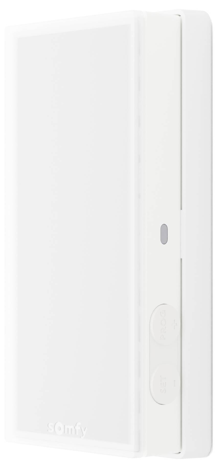 Somfy logóval ellátott intelligens otthoni fali kapcsoló, két kerek gombbal és egy oldalsó jelzőfénnyel.