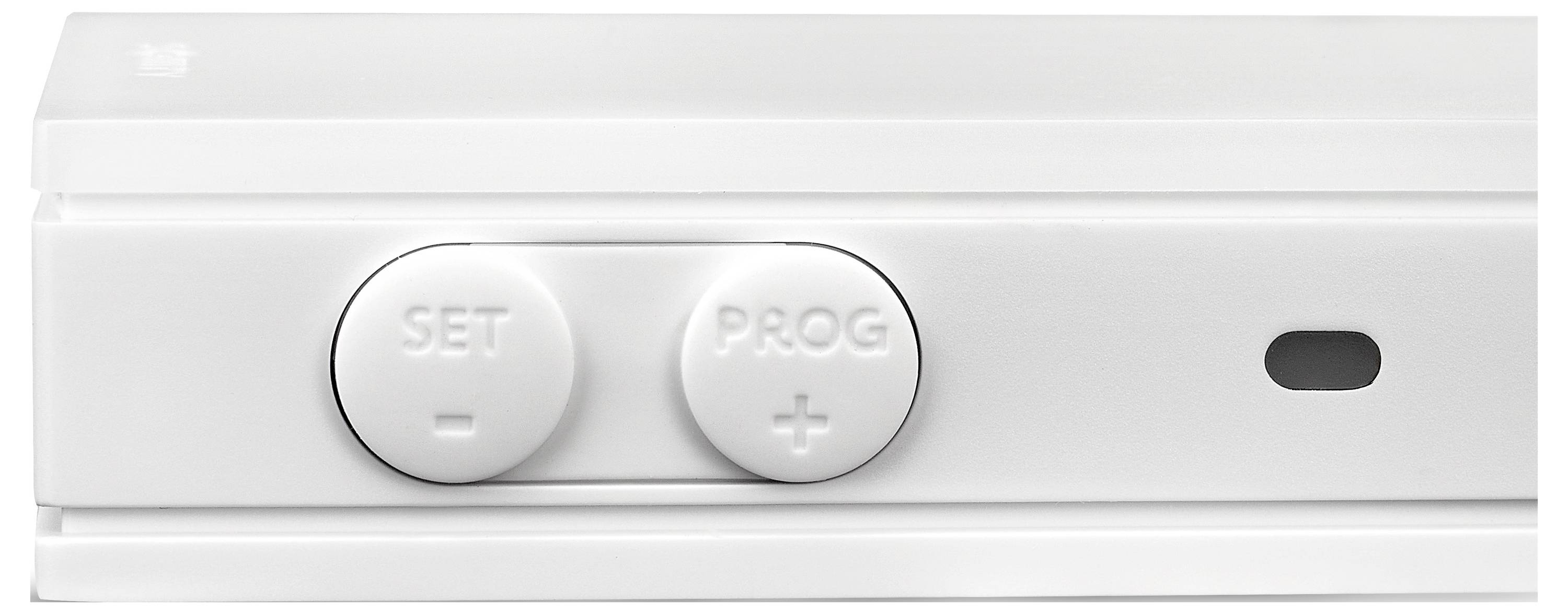 Közelkép egy fehér vezérlőpanelről, amelyen két gomb látható 'SET' és 'PROG' felirattal, a jobb oldalán egy kis jelzőfénnyel.