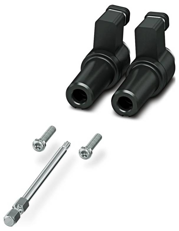 Két fekete fúró-csatlakozás három fémes csavarral és egy fúróbittel fehér háttéren.