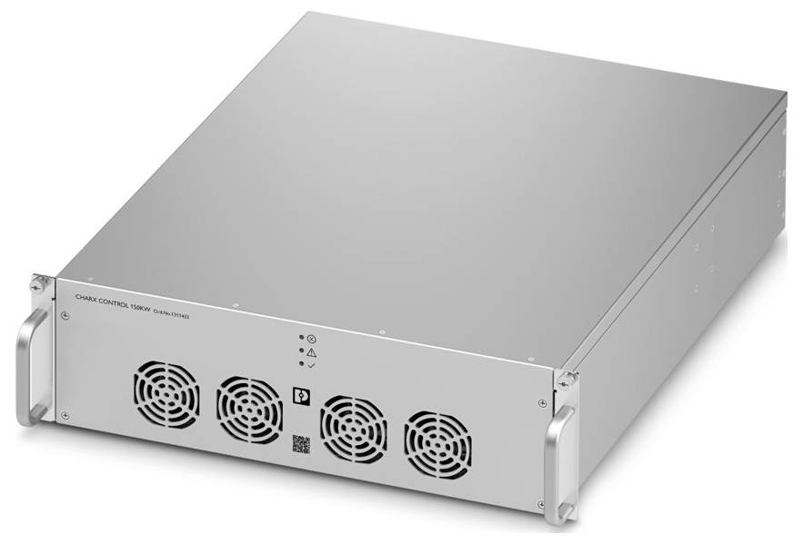 Egy téglalap alakú fémes elektronikai eszköz a homlokpanel több hűtőventilátoraival és mindkét oldalon fogantyúkkal.