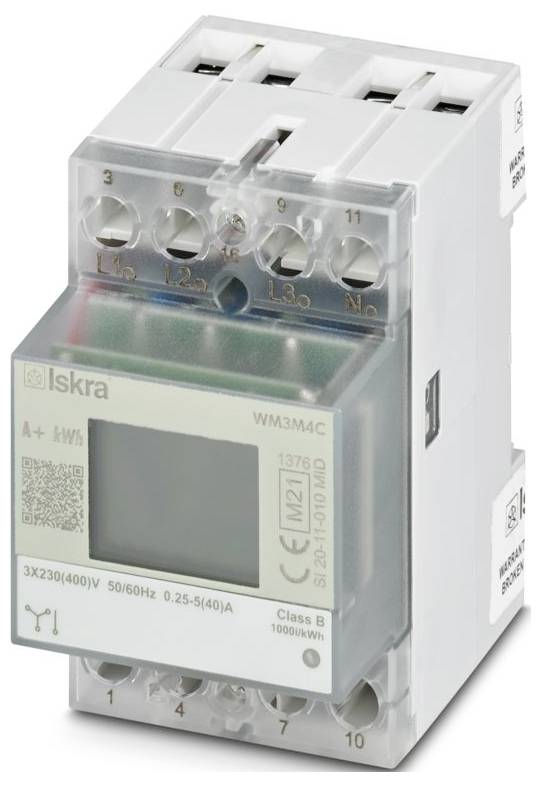 Digitális kijelzőjű energiamérő, amely az „Iskra" márkát és az „WM3M4C" modellt mutatja. Számos kapcsolódási kapocs található a különböző bemenetek számára.