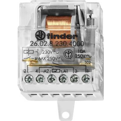 'Finder relé 26.02, 230V, 10A, 250V.' Kompakt elektromos alkatrész csavaros csatlakozókkal és átlátszó burkolatban látható réztekercssel.
