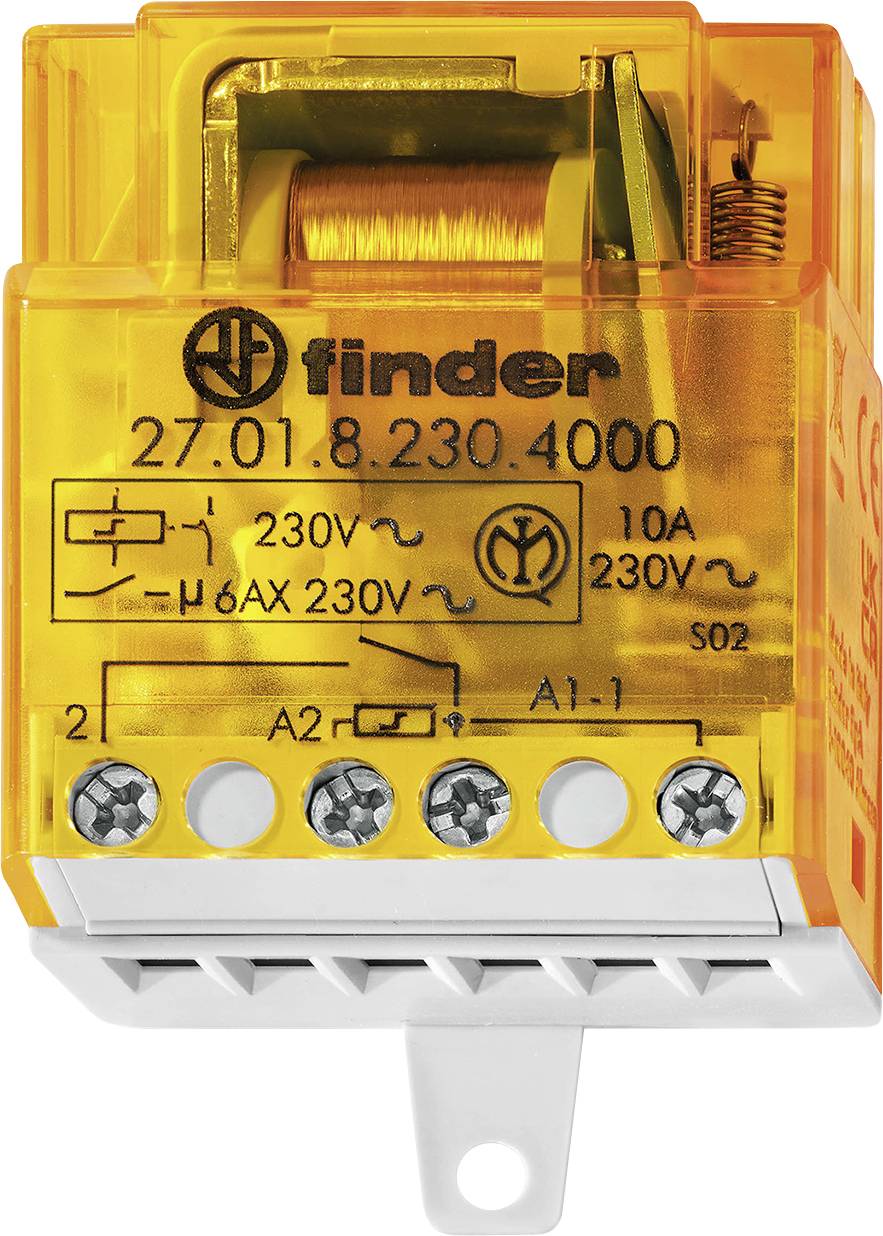 Egy narancsszínű Finder relé, 27.01.8.230.4000 modellszámmal, amely 230V és 10A értékeket jelez, elektromos csatlakozásokhoz alkalmas.