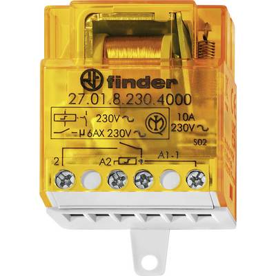 Egy narancsszínű Finder relé, 27.01.8.230.4000 modellszámmal, amely 230V és 10A értékeket jelez, elektromos csatlakozásokhoz alkalmas.