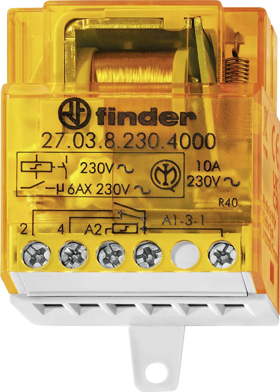 'Finder 27.03 relé, 230V, 10A kapacitás, átlátszó narancssárga burkolat, elektromos huzalozási rajzolat a felületen, öt csatlakozó sorkapocs az alján.'