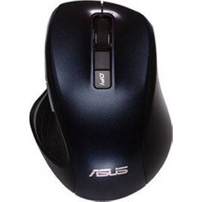 Egy fekete ASUS számítógépes egér, amelynek jól látható görgetőkereke és DPI gombja van a felső részén, ergonomikus kialakítással és játékosok számára tervezve.