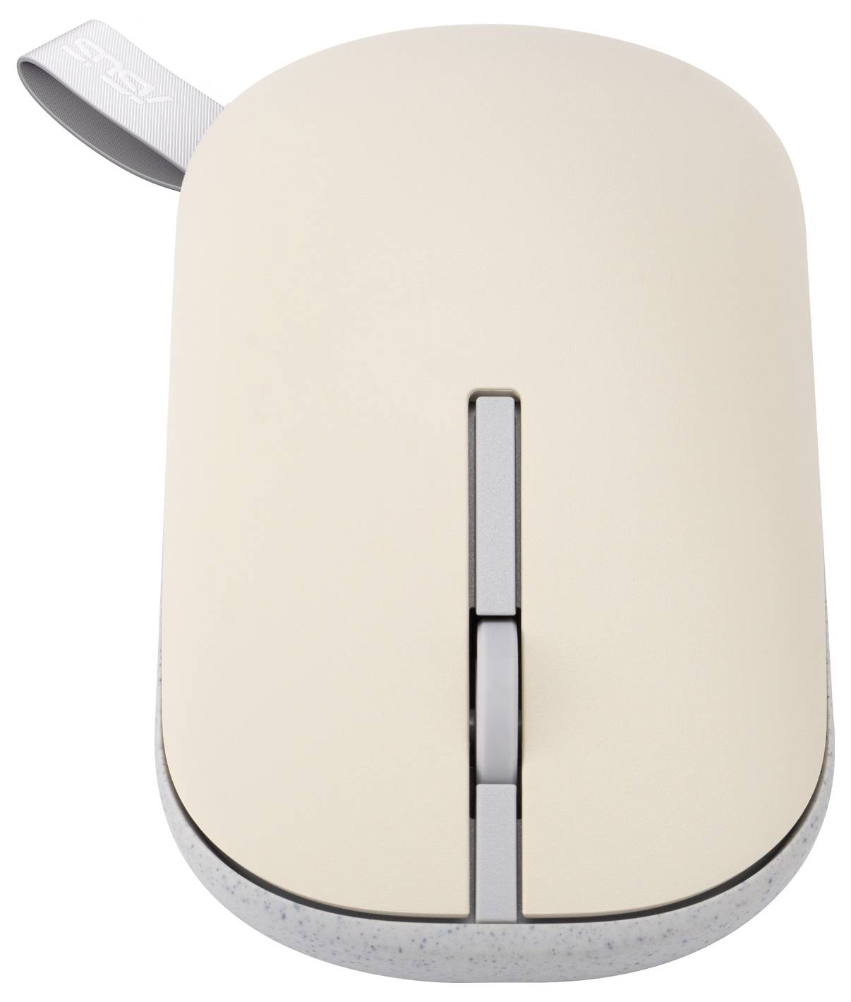 Egy elegáns, bézs színű vezeték nélküli számítógépes egér ezüst görgetőkerékkel és hátul szürke textil hurokkal, amely megkönnyíti a szállíthatóságot.