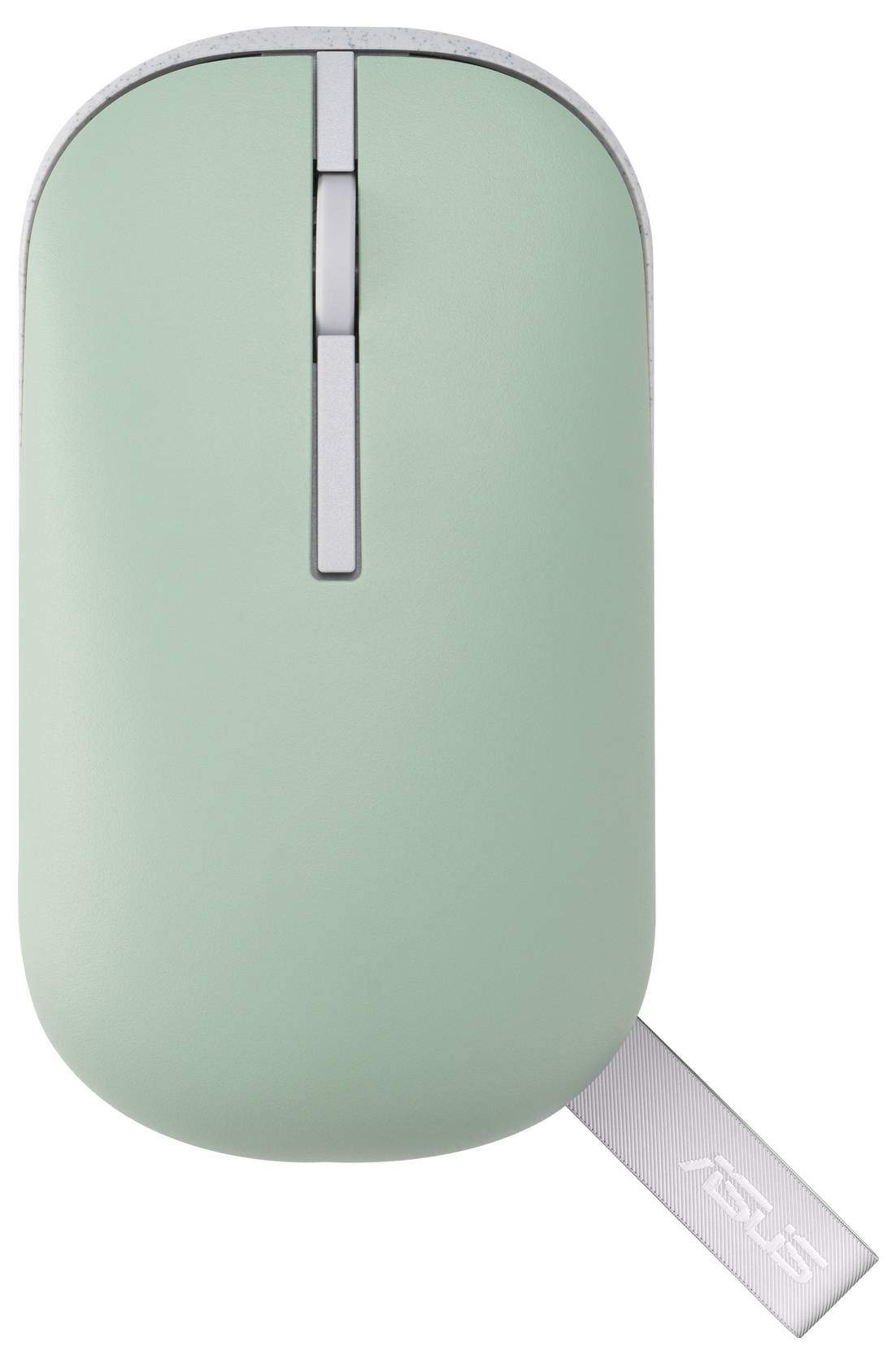 Egy zöld vezeték nélküli számítógépes egér görgővel és egy 'ASUS' márkájú USB vevőegységgel.