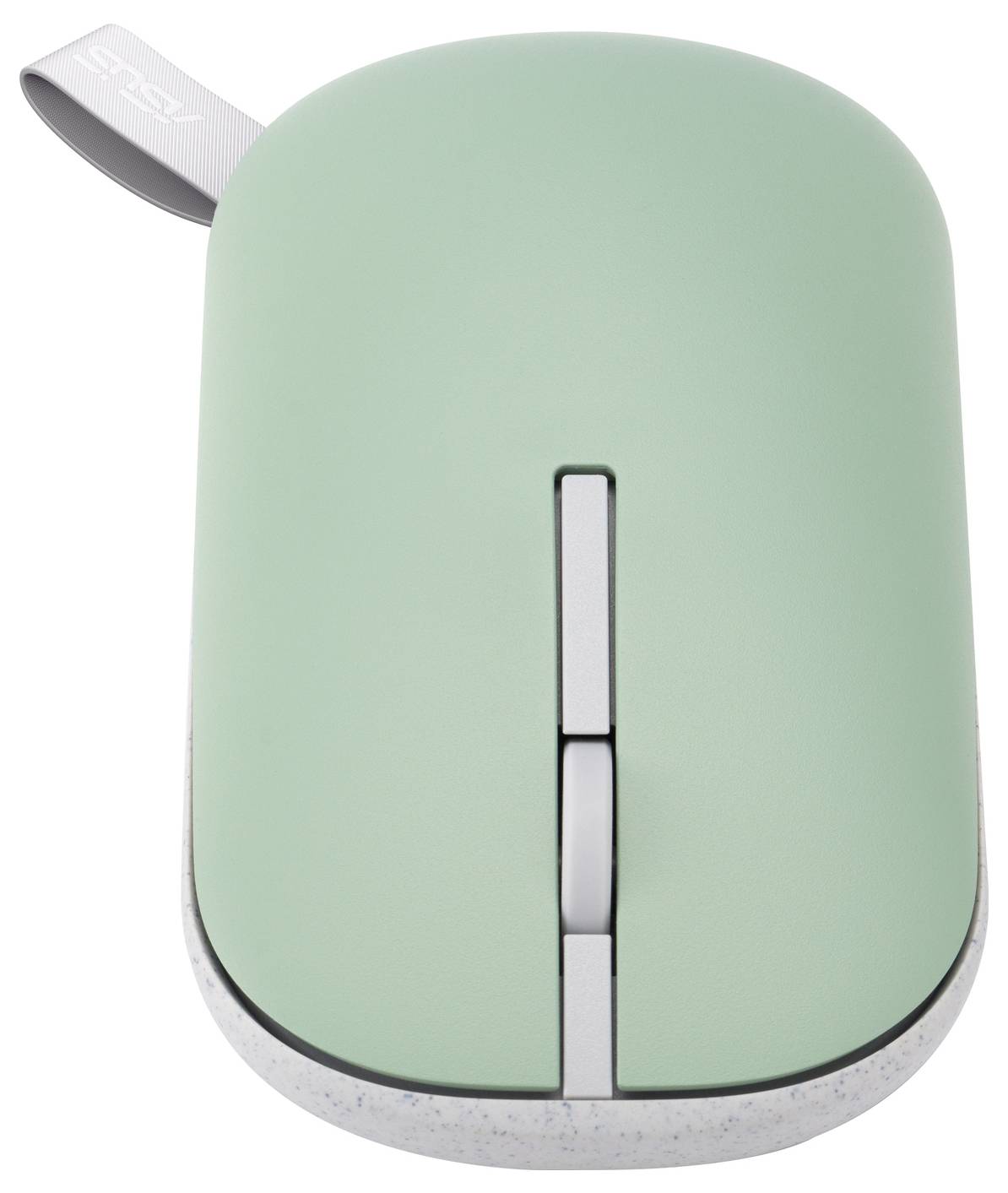 Menta zöld vezeték nélküli számítógépes egér elegáns dizájnnal, ezüst görgetőkerékkel és a tetején textil hurokkal, amellyel könnyen hordozható.