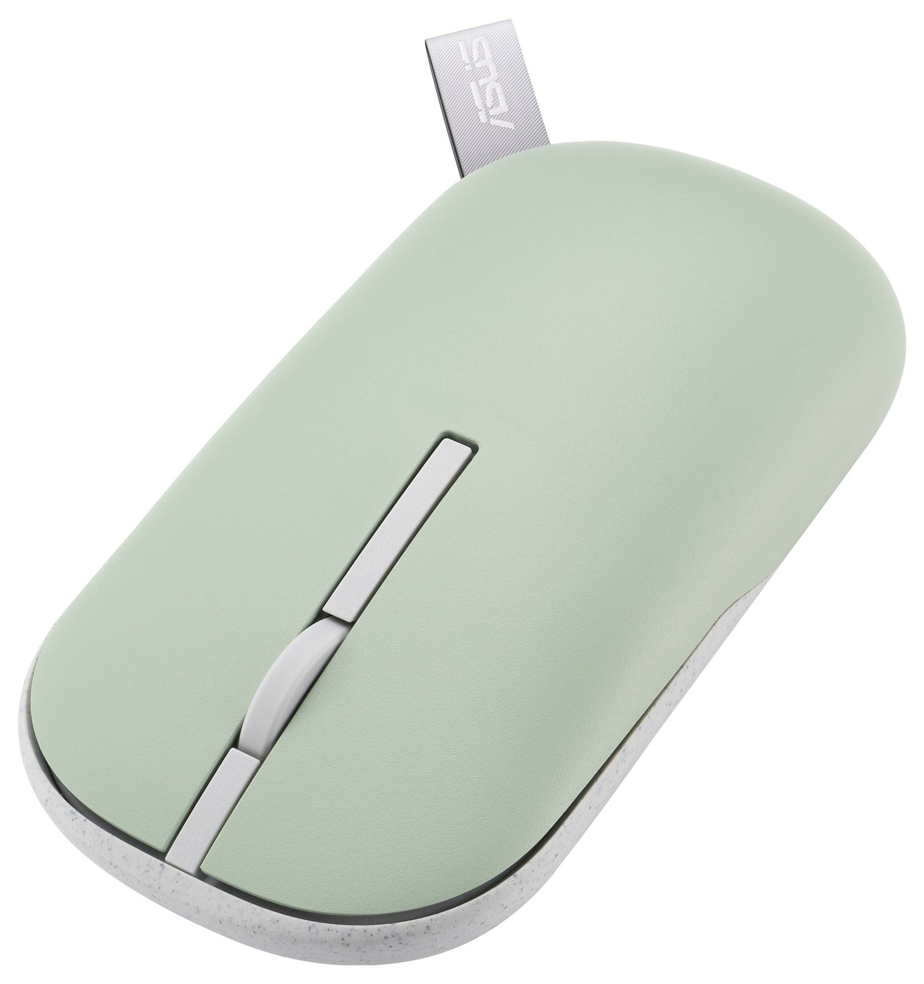 Egy karcsú, mentazöld vezeték nélküli egér szürke gördítőkerékkel, ergonomikus kialakítással, semleges háttér előtt.