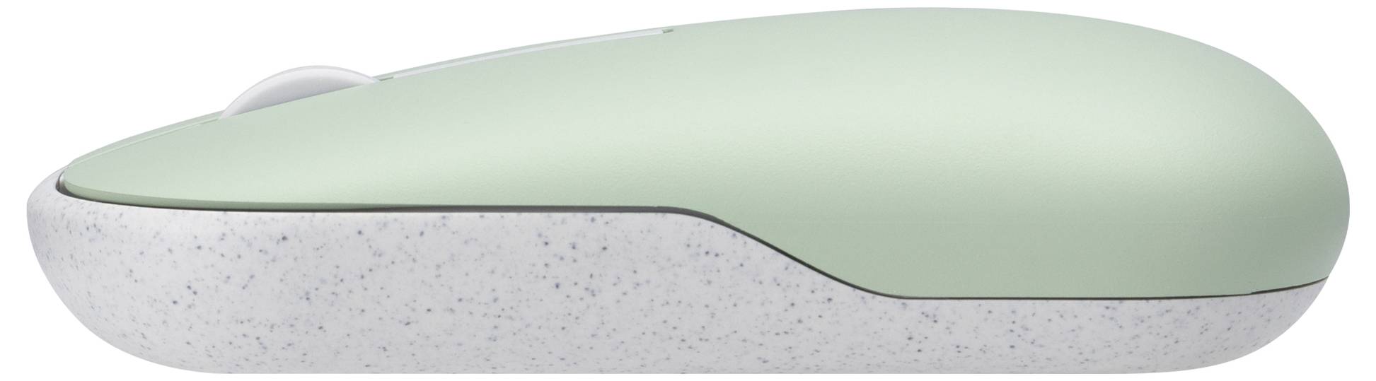 Egy karcsú, ergonomikus, menta zöld vezeték nélküli számítógépes egér finom pöttyözött alappal.