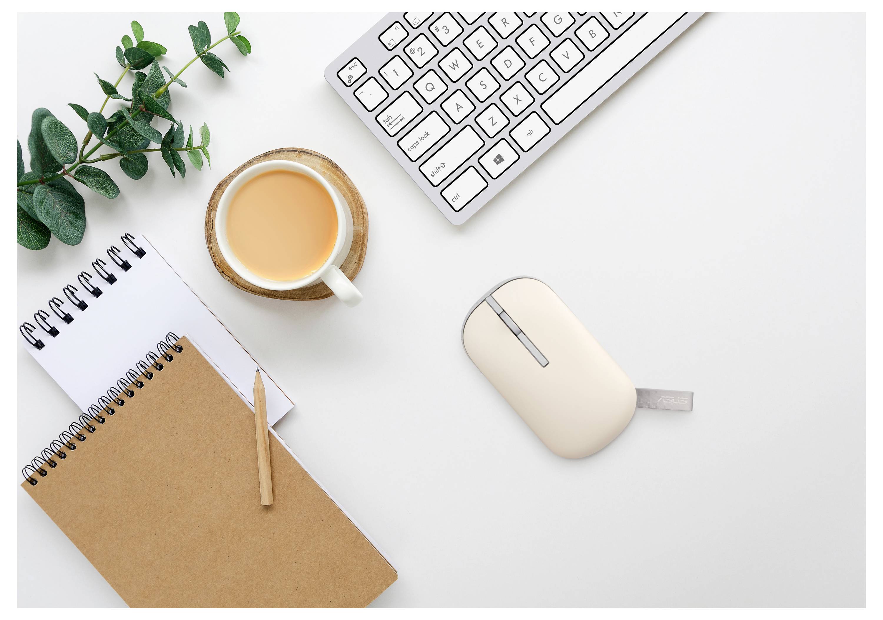 Munkahely billentyűzettel, egérrel, teáscsészével, notesszel, tollal és növénnyel egy fehér íróasztalon.