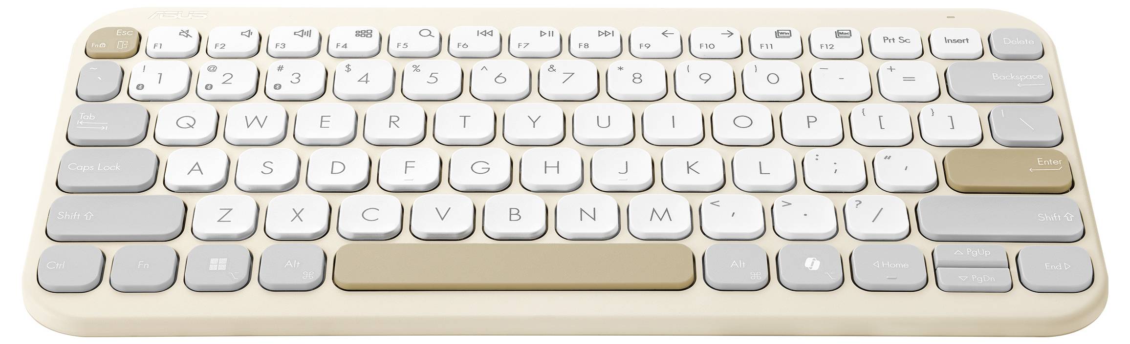 Egy kompakt vezeték nélküli billentyűzet kerek billentyűkkel fehér, szürke és bézs árnyalatokban. A billentyűzet elrendezése szabványos QWERTY elrendezésű.