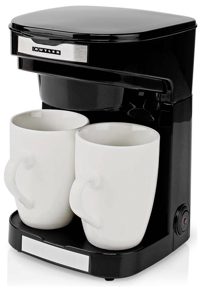 Egy fekete kávéfőző két fehér bögrével a csepegtetők alatt, készen arra, hogy kávét főzzön.