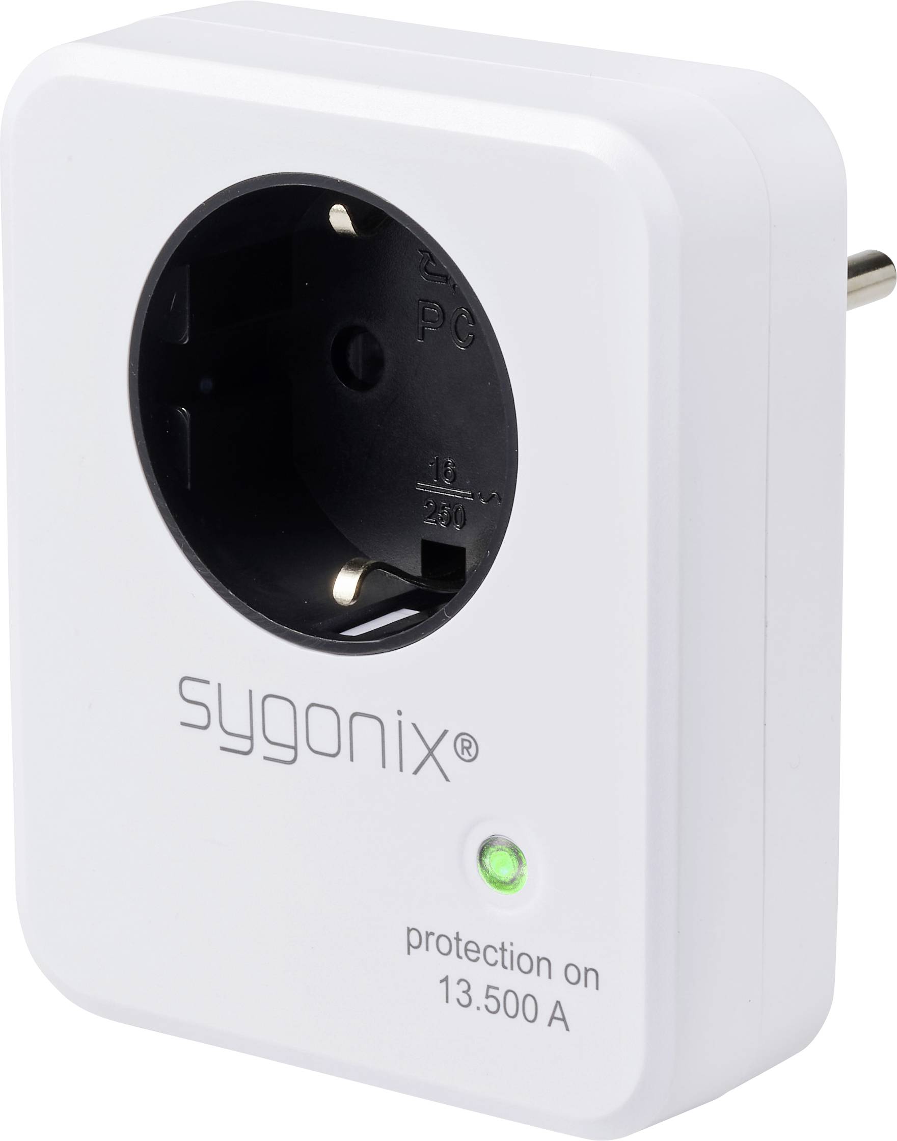 Fehér Sygonix dugaszolható túlfeszültség-védelmi adapter német tápcsatlakozóval és zöld státuszjelzővel, amelyen a „védelem bekapcsolva 13.500 A" felirat található.
