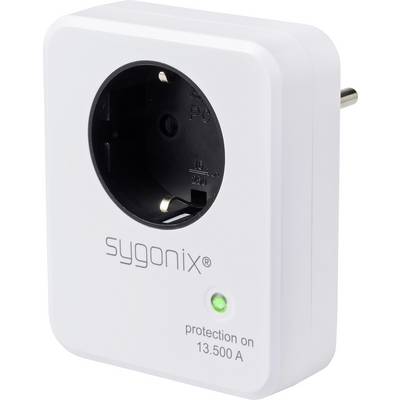 Fehér Sygonix dugaszolható túlfeszültség-védelmi adapter német tápcsatlakozóval és zöld státuszjelzővel, amelyen a „védelem bekapcsolva 13.500 A" felirat található.