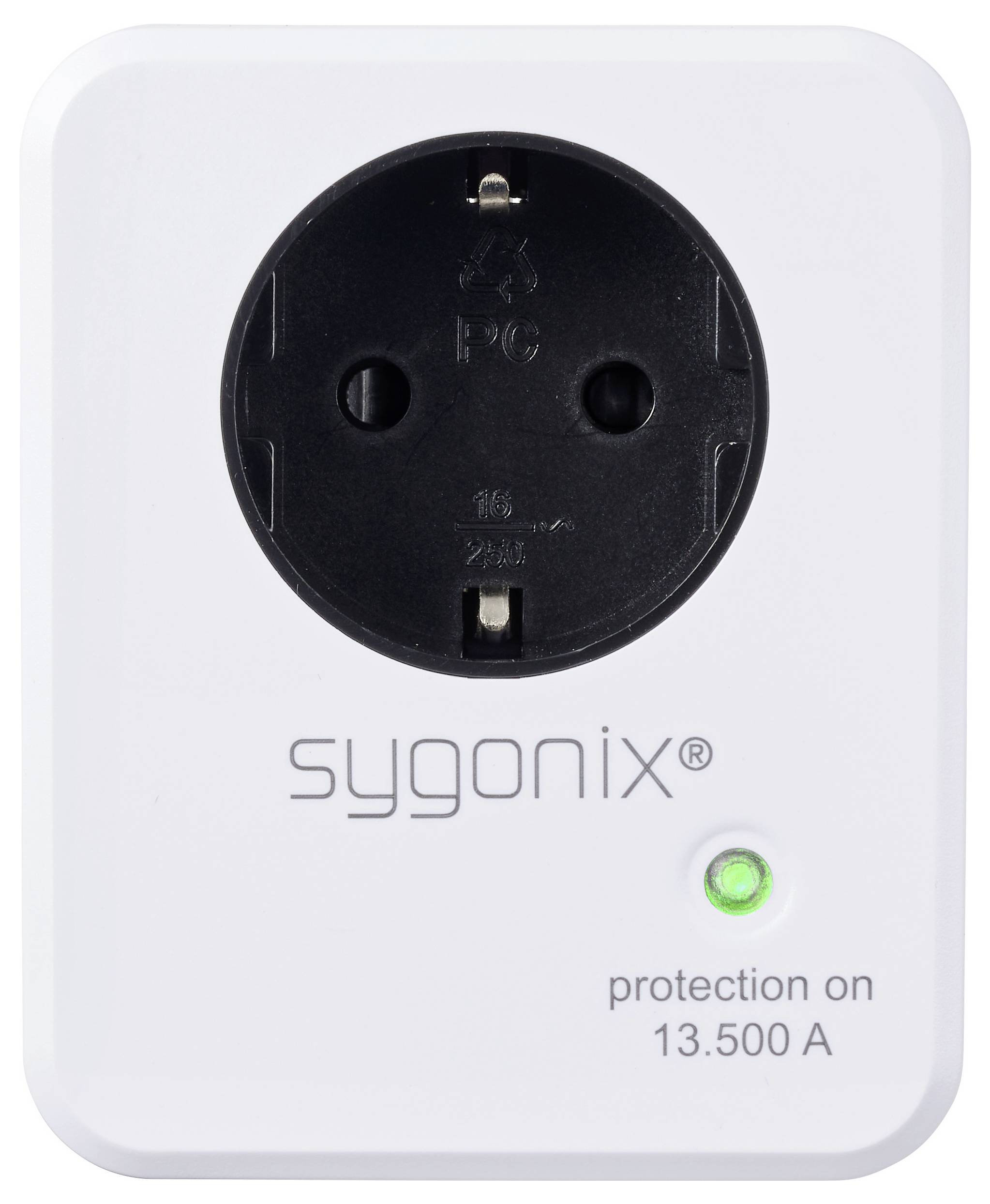 Fehér Sygonix túlfeszültség-védelmi elosztó egyetlen fekete aljzattal, zöld állapotjelzővel és „protection on 13.500 A" felirattal.