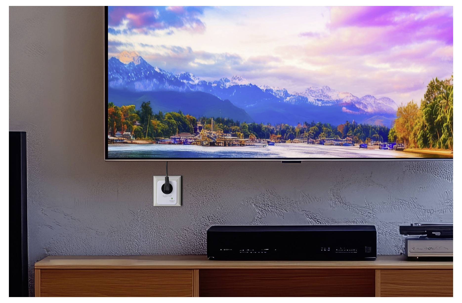 Falra szerelt TV, amely egy színes hegyvidéki tóparajzot jelenít meg egy fa médiakonzol fölött, amelyen elektronikai eszközök vannak.