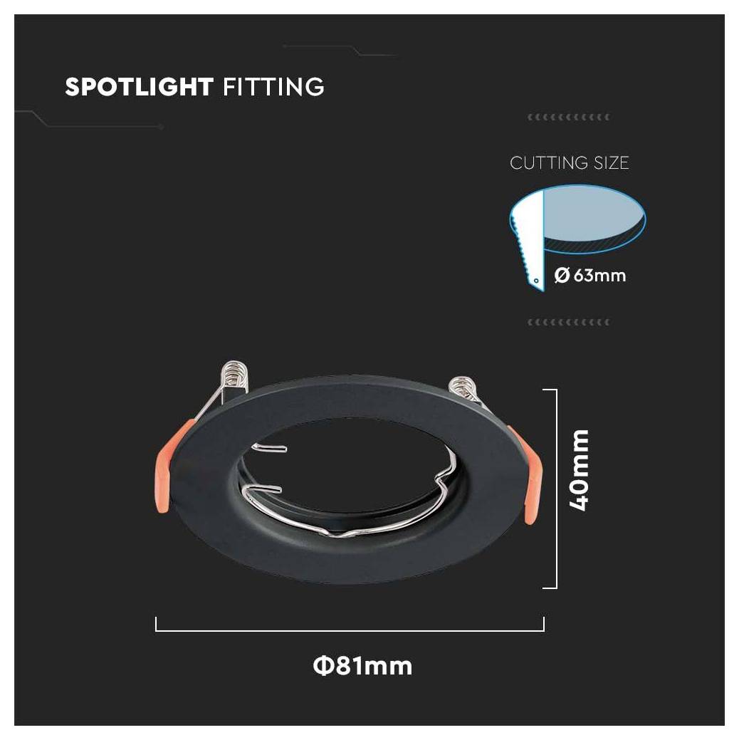 Spot lámpatest, méretekkel: átmérő 81 mm, magasság 40 mm. Kivágási méret jelölve 63 mm átmérővel, kék körkörös diagramon.