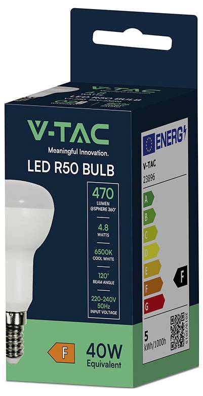 A V-TAC LED R50 izzó csomagolása 470 lument, 4,8 wattot, 6500K hideg fehér színhőmérsékletet, 120 fokos sugárzási szöget, F energiahatékonysági besorolást és 40W-os egyenértékű teljesítményt mutat.