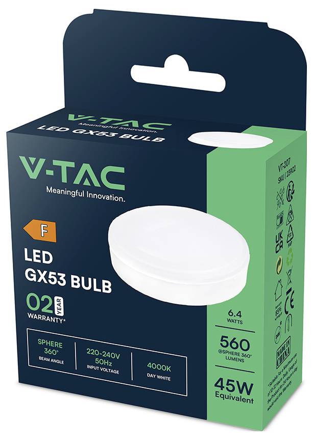 V-TAC LED GX53 izzó csomagolás, amely mutatja az izzó alakját, F energiabesorolás, 6,4 watt, 560 lumen, 4000K nappali fény, 45W-os egyenértékű, 3 év garancia.