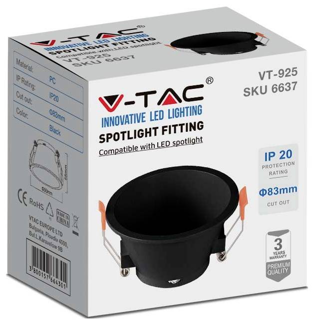 V-TAC LED reflektor doboz, amelyen termékfotó, műszaki specifikációk és márkajelzések láthatók, például IP védettségi besorolás és méretek.