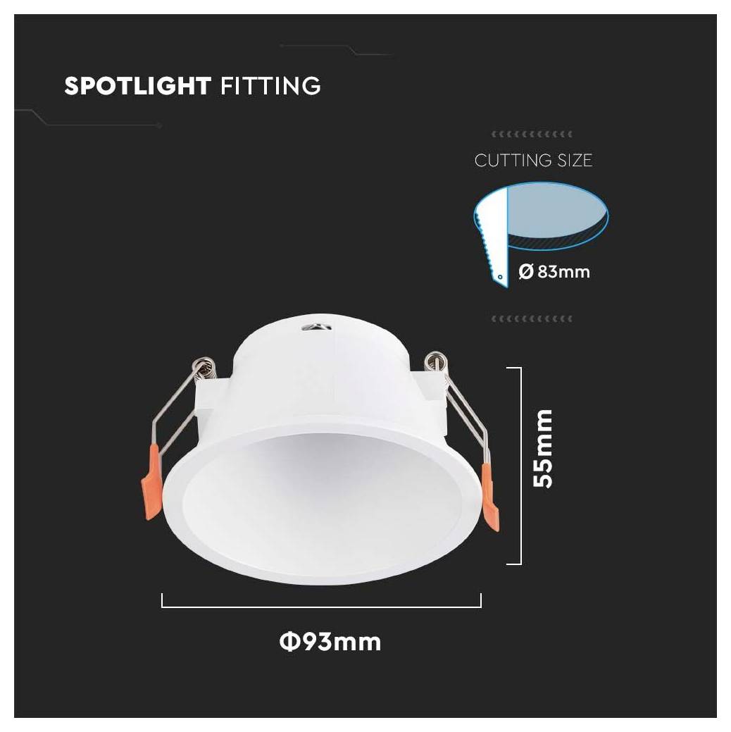 A 'Spotlámpa szerelék' diagram egy világítótestet mutat a következő méretekkel: magasság 55 mm, külső átmérő 93 mm, kivágási méret 83 mm.