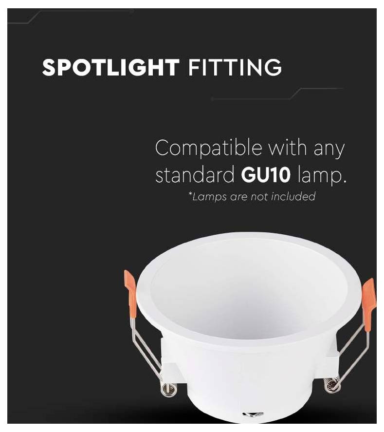 Egy GU10-es lámpával kompatibilis spotlámpa látható. Figyelmeztetés tartalmazza: „A lámpatestek nem tartozékok."