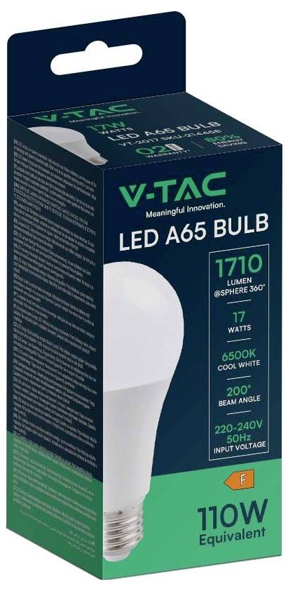 A kép egy V-TAC LED A65 izzó dobozát mutatja. Rendelkezik 1710 lumennel, 17 wattal, hideg fehér fénnyel 6500K színhőmérsékleten, és megfelel egy 110W-os hagyományos izzónak.