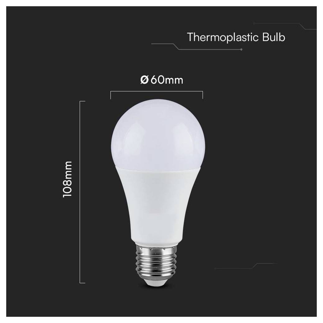 LED izzó, amelynek címkéje 'Termoplasztikus égő', méretei: magasság 108 mm, átmérő 60 mm, fekete háttér előtt.