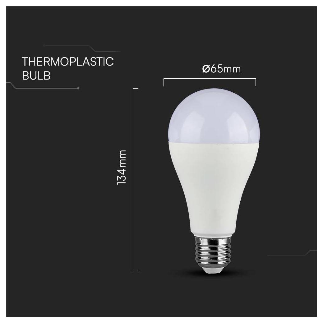 'Hőre lágyuló izzó' méretei: magasság 134 mm, átmérő 65 mm. Fehér alapú, lekerekített tetejű, sötét háttér előtt látható.