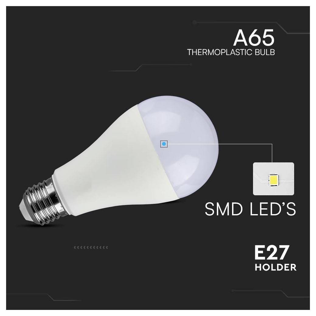 A65 típusú LED-es izzó SMD LED-ekkel, E27 foglalattal.