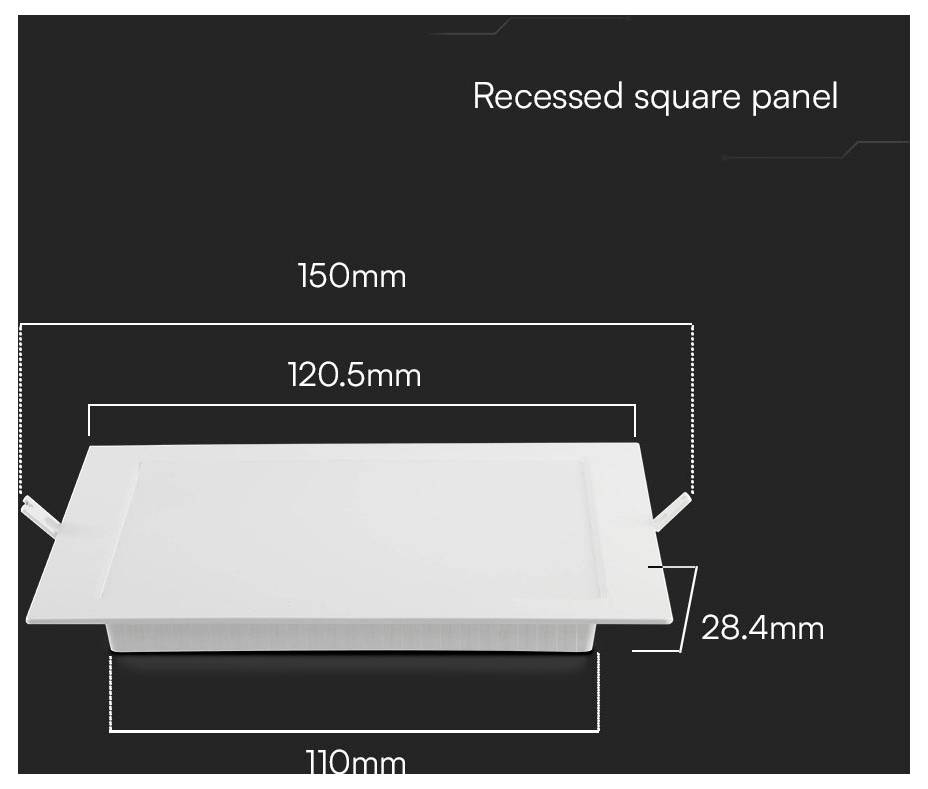 'Süllyesztett négyzet alakú panel' méretei: 150 mm külső, 120,5 mm belső, 28,4 mm mélység és 110 mm szélesség.