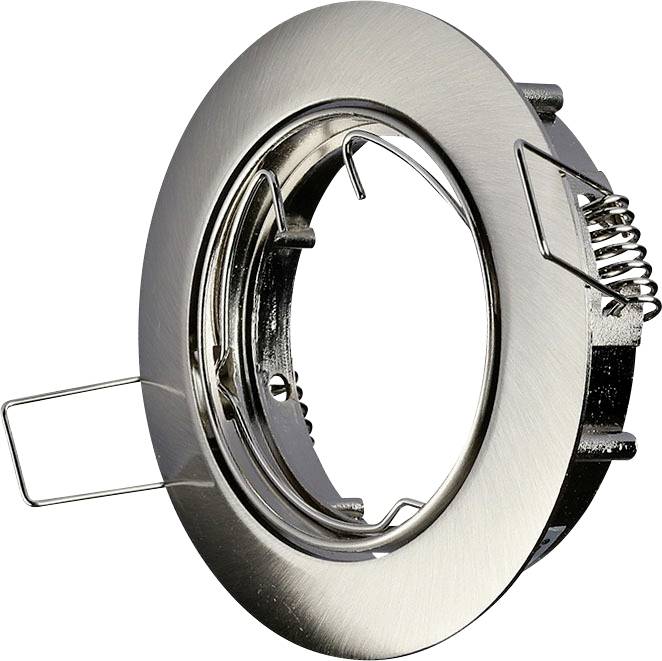 Egy kerek, fém süllyesztett mennyezeti lámpatest ecsetelt felülettel, szerelőbilinccsel és rugóval, amelyet egy izzó tartására terveztek.