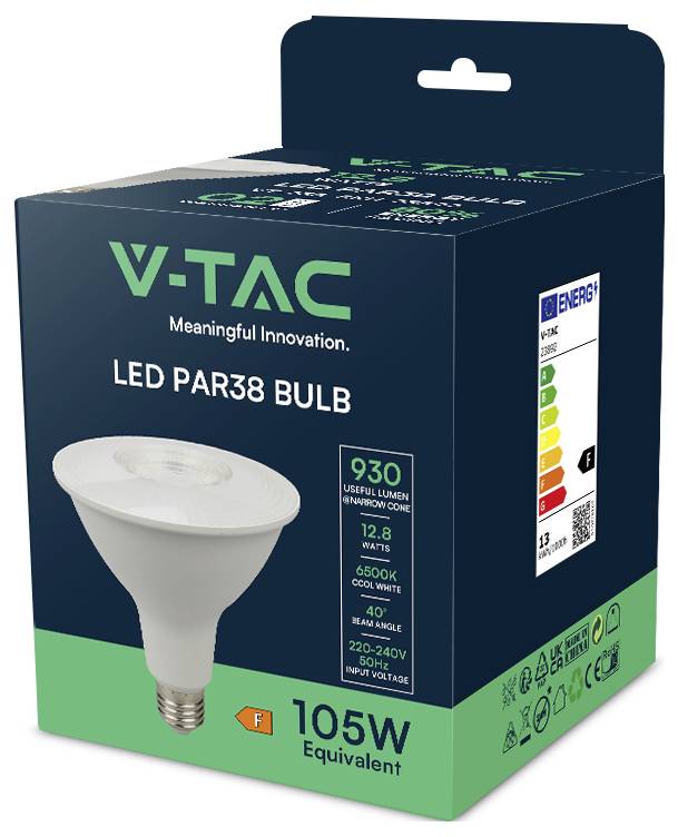 V-TAC LED PAR38 izzó doboz, energiahatékonysági információval, 930 lumen, 12,8 watt, 6500K hideg fehér, E27 foglalat, 105W egyenértékű.