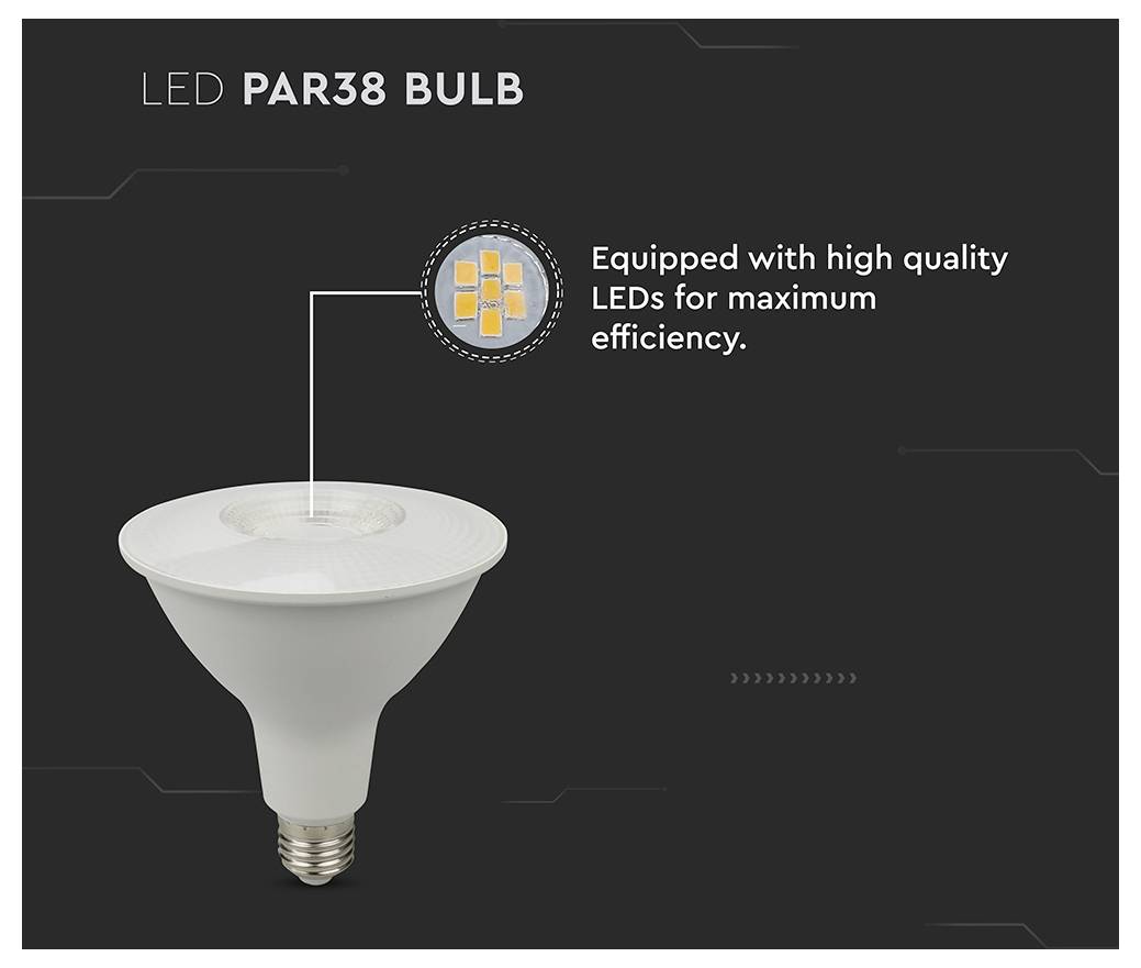 "LED PAR38 Izzó" egy képet ábrázol az izzóról, amelyen megjegyzés szerepel: "Magas minőségű LED-ekkel felszerelve a maximális hatékonyság érdekében" egy sötét háttér előtt.