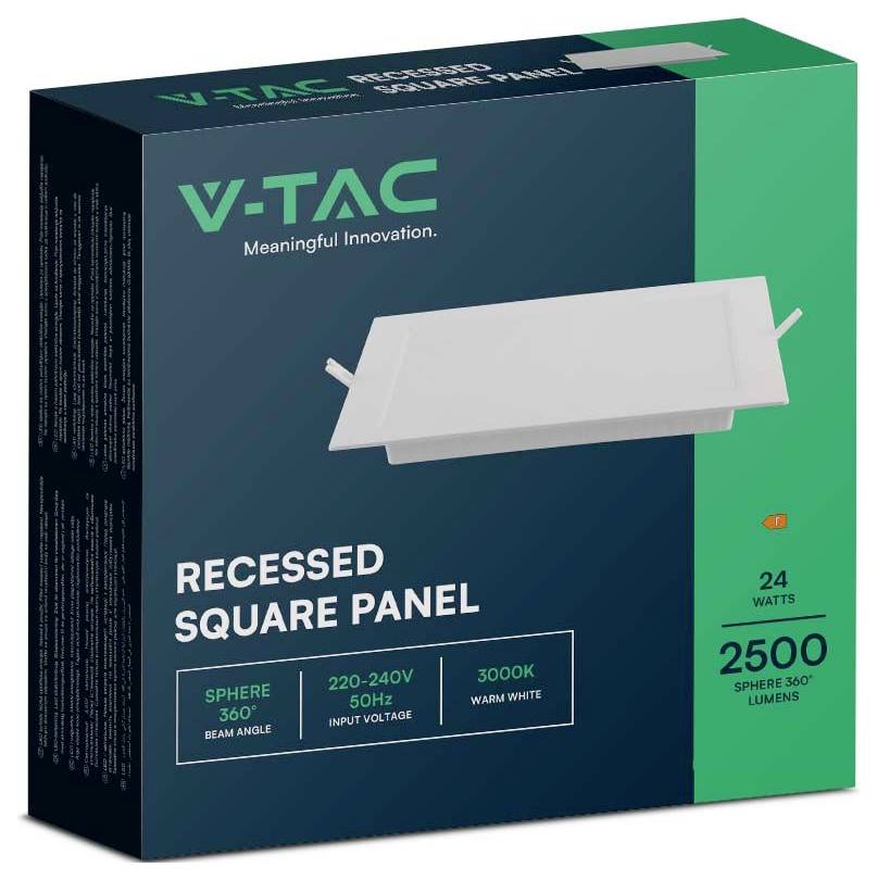 V-TAC süllyesztett négyzet alakú LED panel lámpájának csomagolása. Jellemzők: 24W, 2500 lumen, 3000K meleg fehér, 360°-os sugárzási szög, 220-240V, 50Hz.