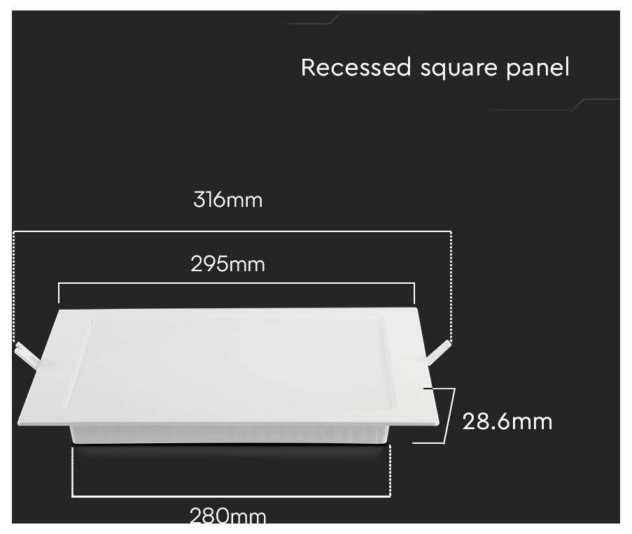 Süllyesztett négyzetes panel méretekkel: felső szélesség 316 mm, belső szélesség 295 mm, mélység 28,6 mm, alsó szélesség 280 mm.