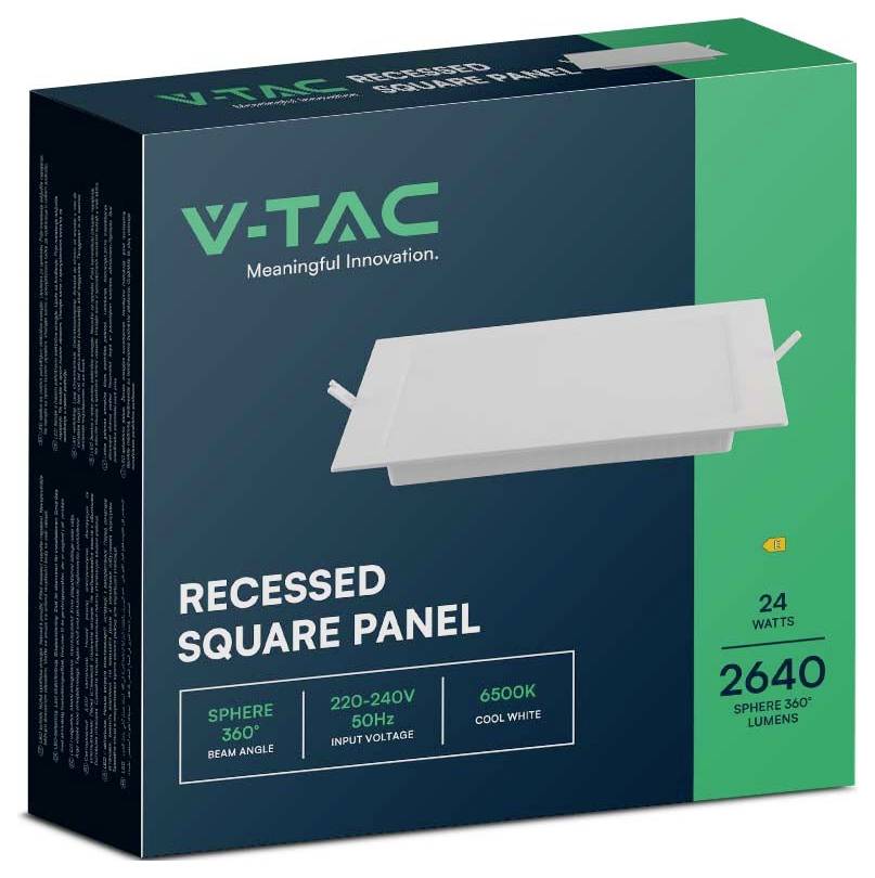 'V-TAC Süllyesztett négyzet alakú panel' doboz által bemutatott jellemzők: 24 watt, 2640 lumen, 360°-os sugárzási szög, 220-240V, 50 Hz, 6500K hideg fehér.