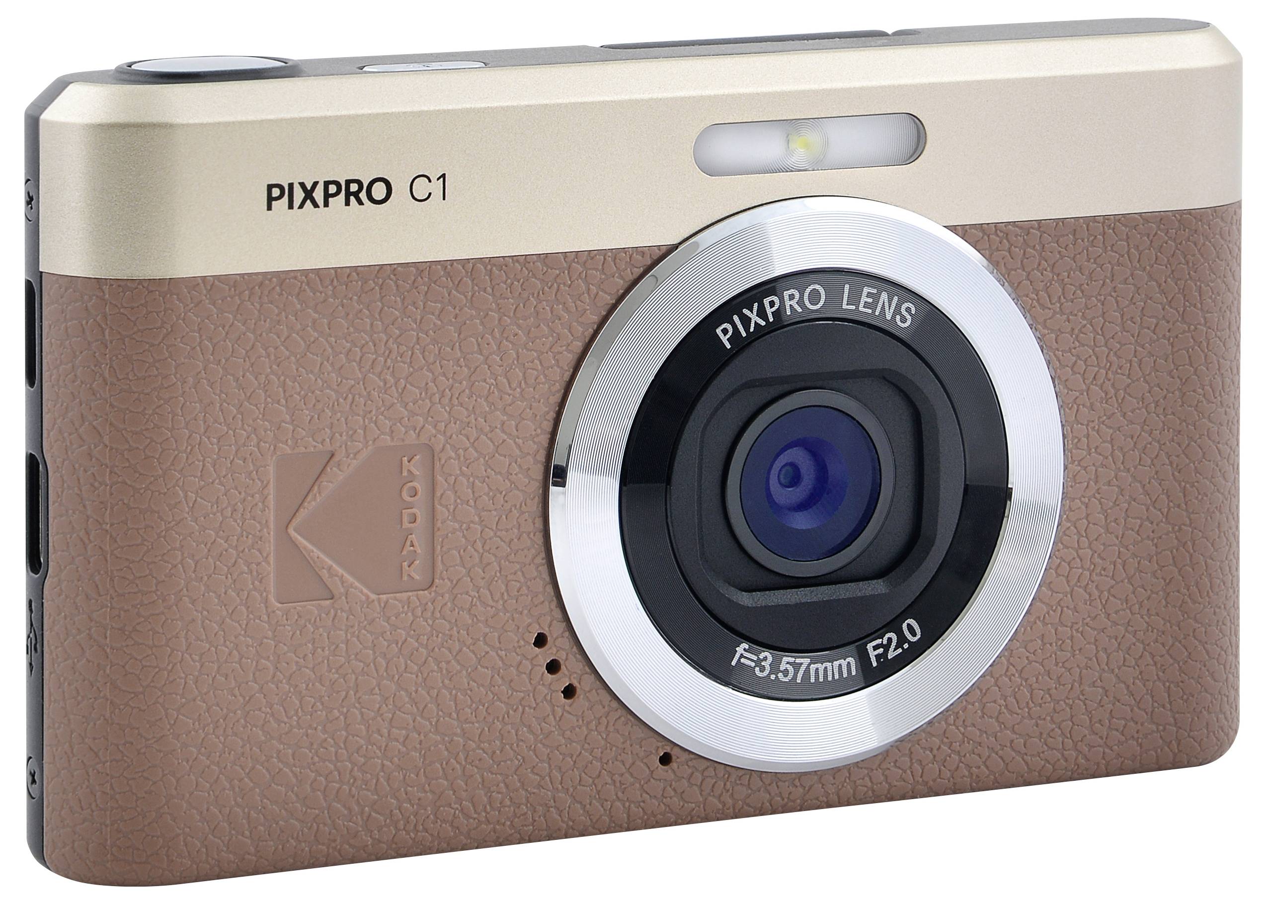 A Kodak PIXPRO C1 kompakt fényképezőgép barna és bézs testtel, 3,57 mm-es F2,0-s objektívvel, amely tökéletes alkalmi fényképezéshez.